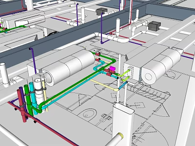 Industrial Pipe System Layout With Colored Pipes And Equipment Installation 3d model