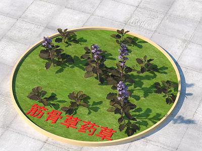 Circular Garden Area with Green Grass and Purple Ajuga Herb Flowers 3d model