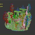 Cartoon Forest Scene With Green Trees Yellow Pagoda White Rocks And Lush Grass