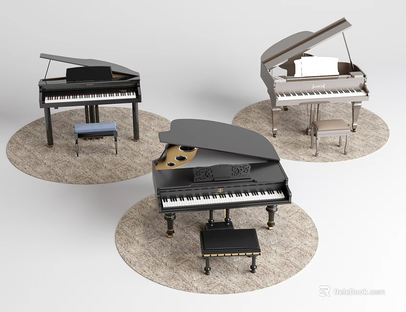 Classic Grand Pianos In Various Colors With Matching Benches On Rugs 3d model 
