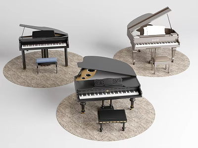 Classic Grand Pianos In Various Colors With Matching Benches On Rugs 3d model