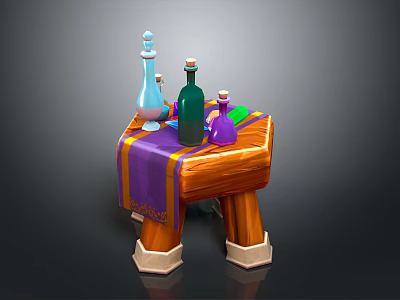 Wooden Table Display With Colorful Glass Bottles And Purple Orange Striped Tablecloth 3d model