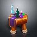 Wooden Table Display With Colorful Glass Bottles And Purple Orange Striped Tablecloth