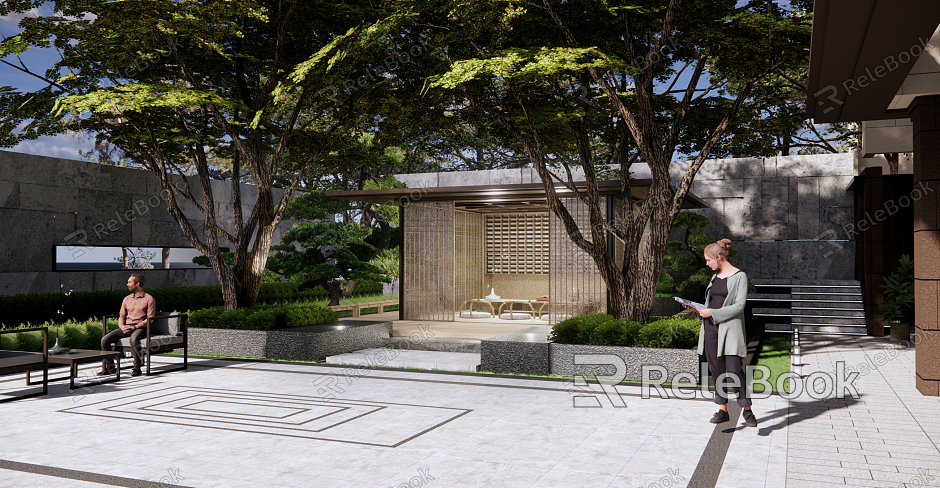 New Chinese Courtyard Zen Courtyard Garden Villa Private Garden Under Forest Tea Room Corridor Bracer Tea Table Grille Corridor Bracer model