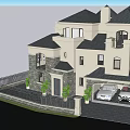 Modern Two Story Detached Villa With Garage Parked Cars And Green Plants