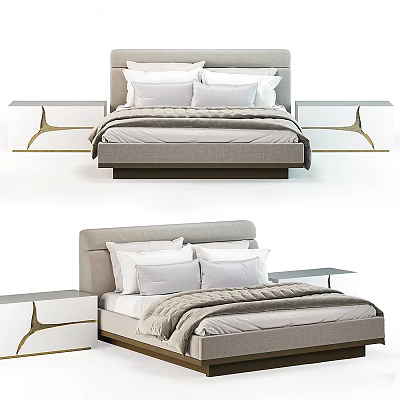 Modern Double Bed With Plush Pillows Cozy Blanket And Bedside Nightstands 3d model