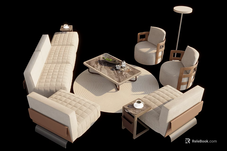 Modern Quilted Sofa And Coffee Table Set With Armchairs Round Rug And Floor Lamp 3d model 