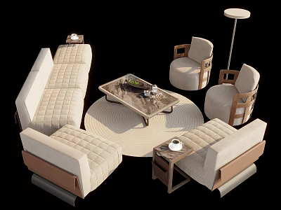 Modern Quilted Sofa And Coffee Table Set With Armchairs Round Rug And Floor Lamp 3d model