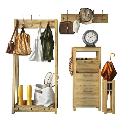Wooden Shoe Cabinet With Clothing Rack Bags Hats Clock Umbrella And Drawers 3d model