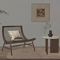 Woven Rattan Leisure Chair with Beige Cushion Wooden Frame and Side Table Plant Vase