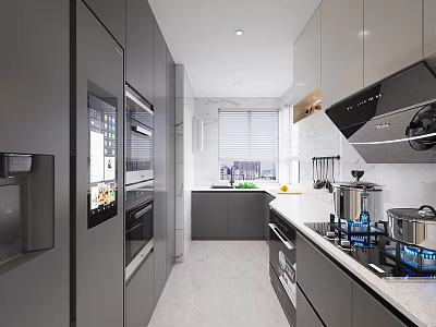 Modern Gray Kitchen Interior With Sleek Cabinets Gas Stove Countertop And Window 3d model