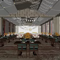 Spacious Modern Restaurant Interior With Chandelier Dining Tables Chairs Carpet Windows And Decorations