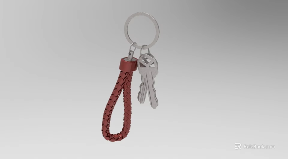 Modern Keychain With Red Braided Strap Silver Keys And Metal Ring 3d model 