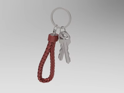 Modern Keychain With Red Braided Strap Silver Keys And Metal Ring 3d model