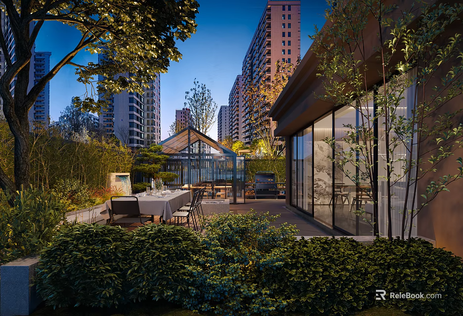 Courtyard Garden With Lush Greenery Outdoor Dining Set Glass Conservatory And Tall Residential Buildings 3d model 