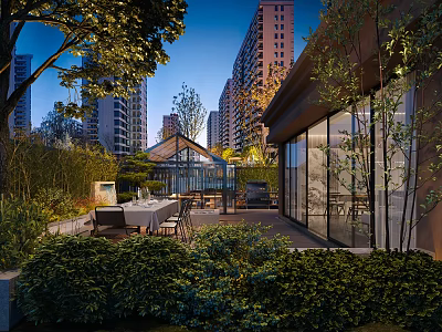 Courtyard Garden With Lush Greenery Outdoor Dining Set Glass Conservatory And Tall Residential Buildings 3d model