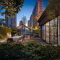 Courtyard Garden With Lush Greenery Outdoor Dining Set Glass Conservatory And Tall Residential Buildings