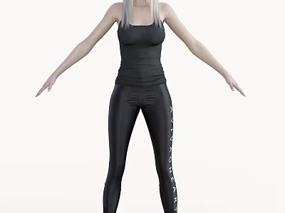 Woman In Black Tank Top And Black Leggings With White Side Details 3d model