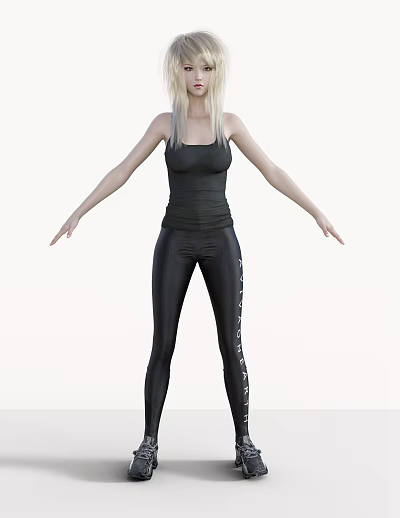 Woman In Black Tank Top And Black Leggings With White Side Details 3d model
