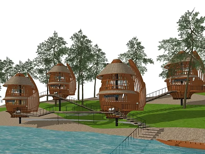 Unique Wooden Egg shaped Guesthouses by Waterfront with Trees and Stairs 3d model