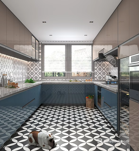 Modern Kitchen Interior Design With Gray Blue Cabinets Large Windows And Geometric Tiles 3d model