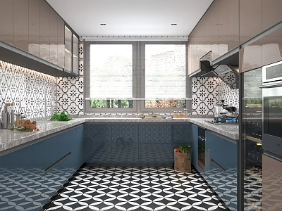Modern Kitchen Interior Design With Gray Blue Cabinets Large Windows And Geometric Tiles 3d model