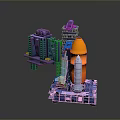 Detailed Orange Rocket Model With Blue Launch Pad Structure And Miniature Design 3d model