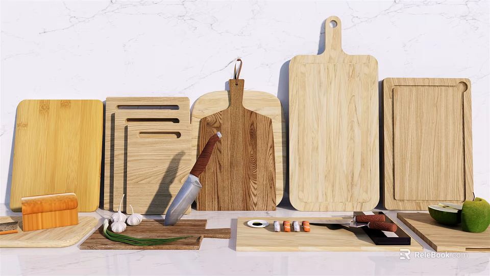 Various Wooden Cutting Boards With Chef Knife Garlic And Fresh Ingredients On Kitchen Counter 3d model 