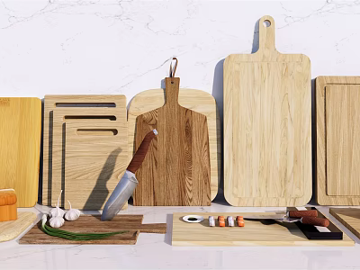 Various Wooden Cutting Boards With Chef Knife Garlic And Fresh Ingredients On Kitchen Counter 3d model