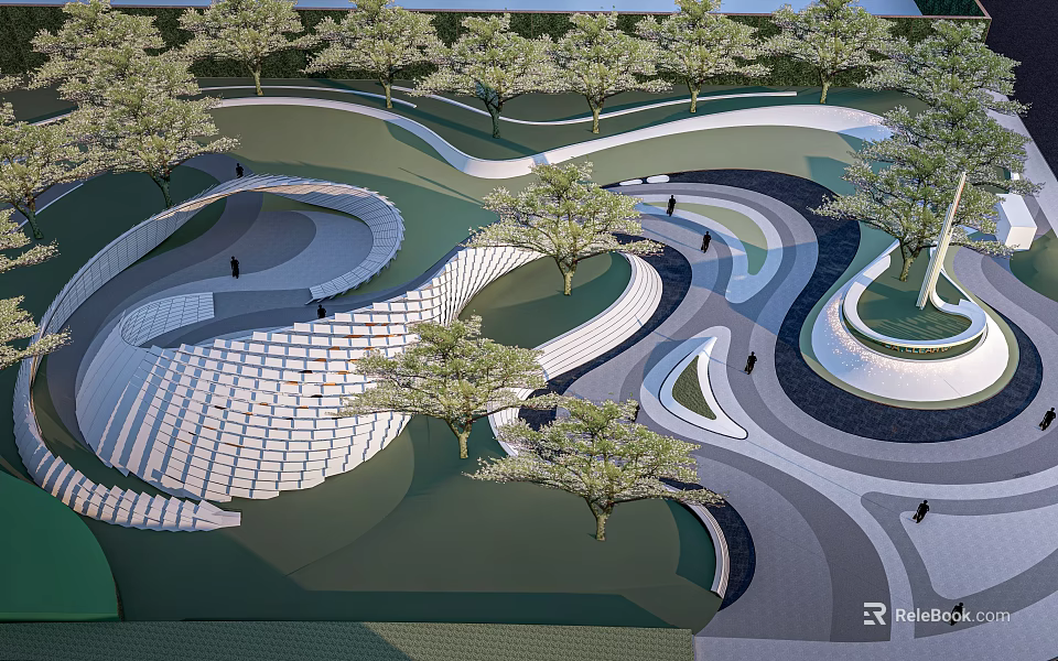 Park Landscape Featuring Interconnected Winding Pathways Trees Green Lawns And Paved Areas 3d model 