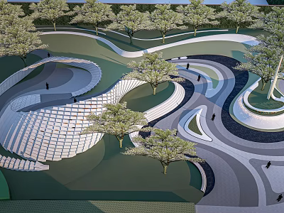 Park Landscape Featuring Interconnected Winding Pathways Trees Green Lawns And Paved Areas 3d model