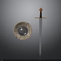 Historical Weapons Including Decorative Sword And Round Shield With Intricate Patterns