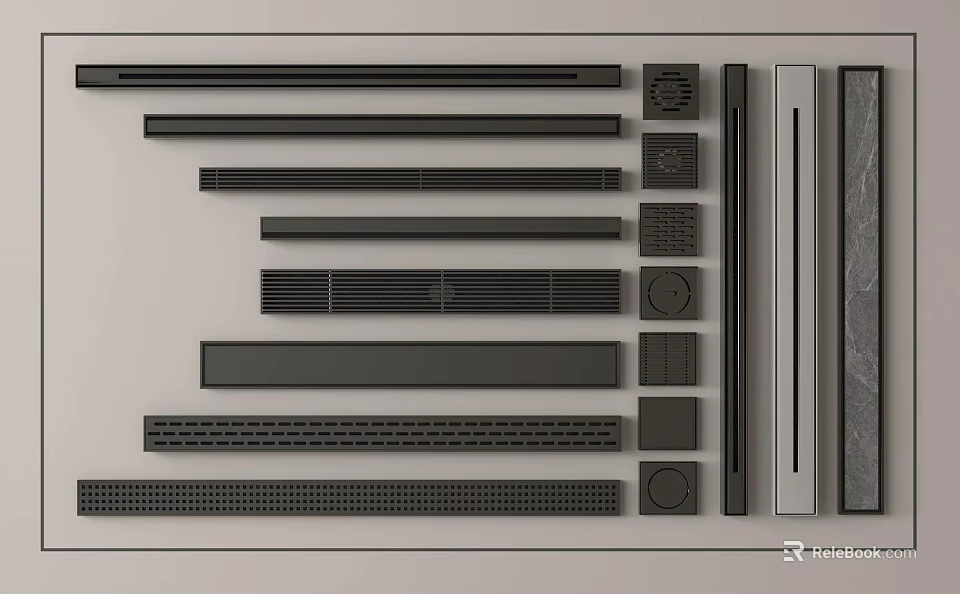 Modern Bathroom Accessories Including Various Black Grille Strips And Round Components 3d model 