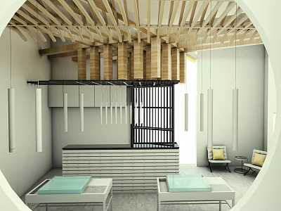 Modern Public Office Space With Wooden Ceiling Partition And Office Furniture 3d model