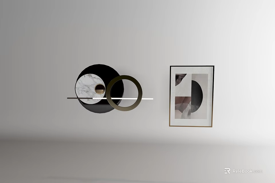 Modern Wall Decor With Circular Black White Elements And Framed Abstract Painting 3d model