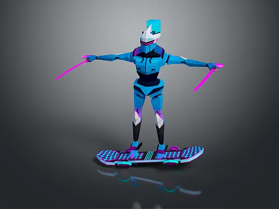 Futuristic Blue Armored Robot Game Movie Character With Pink Weapons And Skateboard Device 3d model