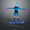 Futuristic Blue Armored Robot Game Movie Character With Pink Weapons And Skateboard Device