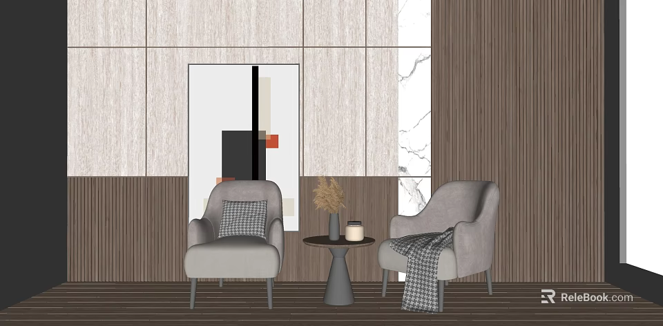 Gray Leisure Sofa Set With Side Table Pillows And Decorative Wall Art 3d model