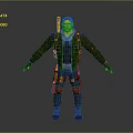 Man In Leather Jacket With Tactical Gear Knee Pads And Rifle On Back