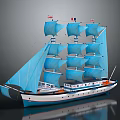 Exquisite Sailboat Model with Blue Sails Tall Masts White Blue Hull and Flags