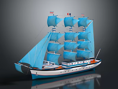 Exquisite Sailboat Model with Blue Sails Tall Masts White Blue Hull and Flags 3d model