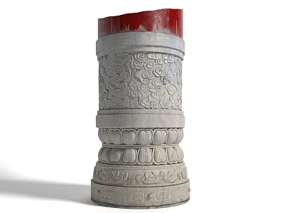 Gray Carved Pillar With Red Top Intricate Patterns And Lotus Decorations 3d model
