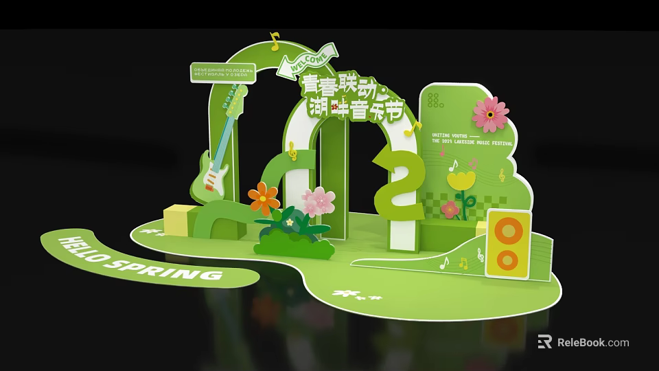 Spring Music Festival Green Decorative Stage With Guitar Flowers Music Notes And Speakers 3d model 