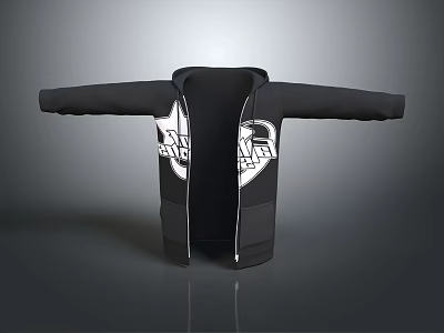 Black Zip Up Hoodie With Open Zipper Spread Sleeves And White Front Graphic 3d model
