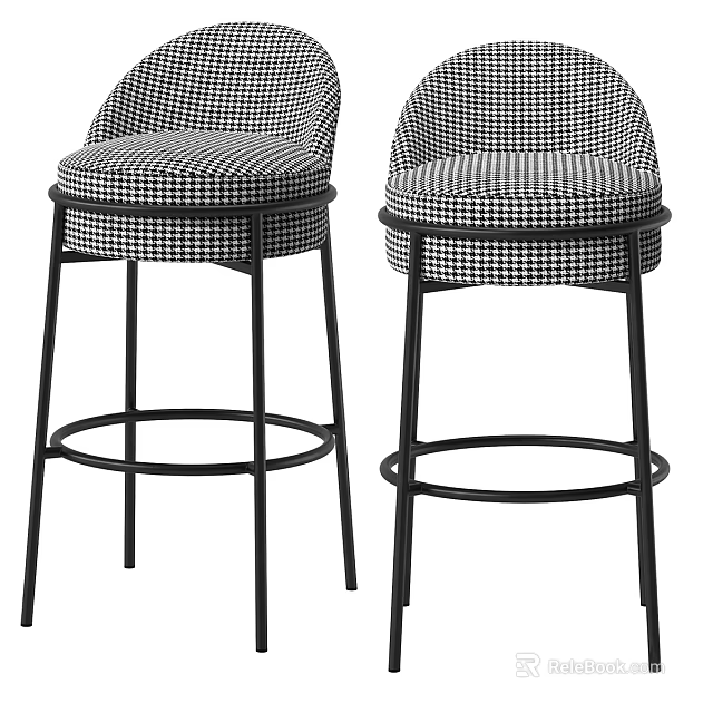 Modern Black Metal Frame Bar Stools With Houndstooth Pattern Seats And Circular Footrest 3d model 