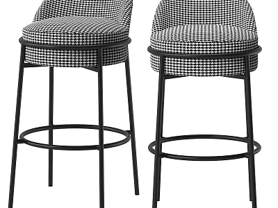 Modern Black Metal Frame Bar Stools With Houndstooth Pattern Seats And Circular Footrest 3d model