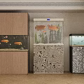 Elegant Fish Tanks On Wooden And Patterned Stands With Aquatic Plants Fish