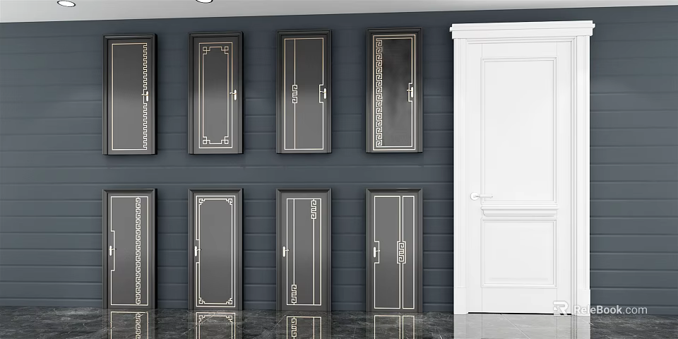 Flush Doors With Various Designs Black Gold Trim And White Panel On Dark Wall 3d model 