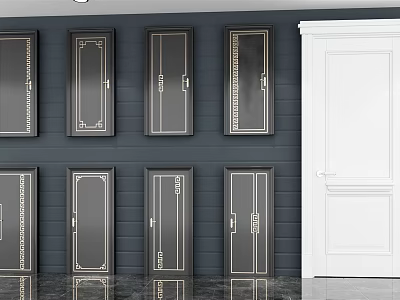 Flush Doors With Various Designs Black Gold Trim And White Panel On Dark Wall 3d model