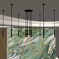 Modern Curved LED Tubes Chandelier With Metal Frame Marble Wall And Ceiling Strip Lights